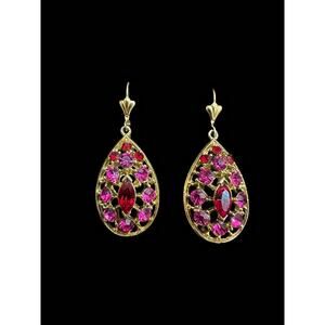 Vintage Pink Red Rhinestone Teardrop Dangle Earrings Gold Tone Jewelry